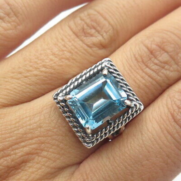 Jewelry - 925 Sterling Silver Vintage Real Emerald-Cut Shaped Blue Topaz Ring Size 8